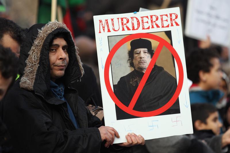 Demonstrators opposed to the regime of Libyan leader Col Muammar Qaddafi gather in Hyde Park on February 17, 2011 in London, England.